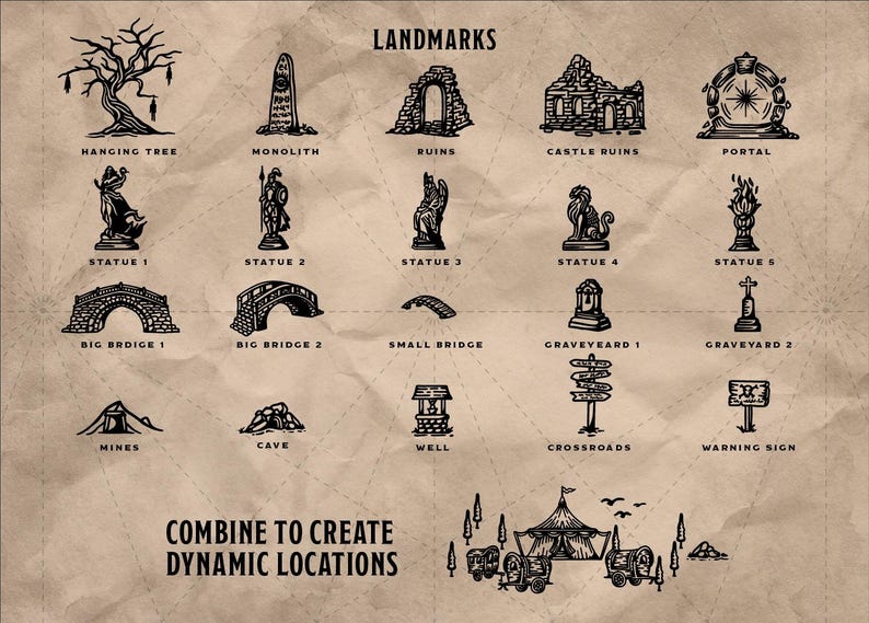 May include: A vintage-style illustration featuring various landmarks, including a hanging tree, monolith, ruins, and castle ruins. The image also includes statues, bridges, and a well. Text at the bottom reads "COMBINE TO CREATE DYNAMIC LOCATIONS."