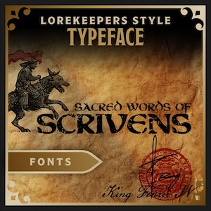 Puede incluir: Gráfico de estilo vintage con el texto "LOREKEEPERS STYLE TYPEFACE". Presenta una ilustración de un jinete sobre una criatura parecida a un lobo, con "SACRED WORDS OF SCRIVENS" debajo. Una pancarta dice "FONTS".