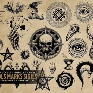 May include: A selection of black and white esoteric symbols, marks, and sigils on a tan backdrop. The image features skulls, a skeleton hand holding playing cards, a deer head, and various geometric shapes. Text at the bottom reads "SYMBOLS MARKS SIGILS".