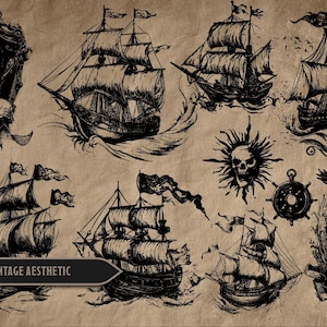 May include: A collection of distressed vintage aesthetic illustrations featuring pirate ships, skulls, a compass rose, and a ship's wheel. The artwork is in black ink on a tan background, evoking a nautical theme.