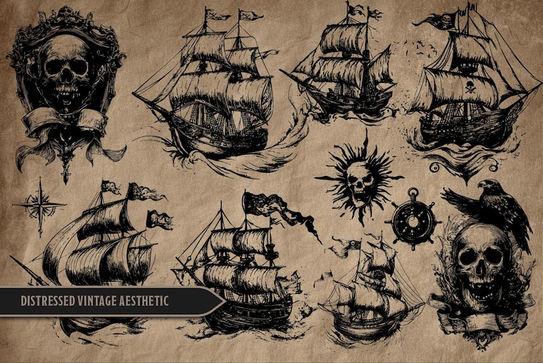 May include: A collection of distressed vintage aesthetic illustrations featuring pirate ships, skulls, a compass rose, and a ship's wheel. The artwork is in black ink on a tan background, evoking a nautical theme.