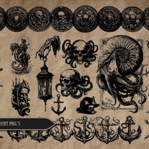 May include: A collection of black and white pirate-themed illustrations on a tan background. The images include skulls, coins, anchors, and a large nautilus shell. Text at the bottom reads "125+ TRANSPARENT PNG'S".