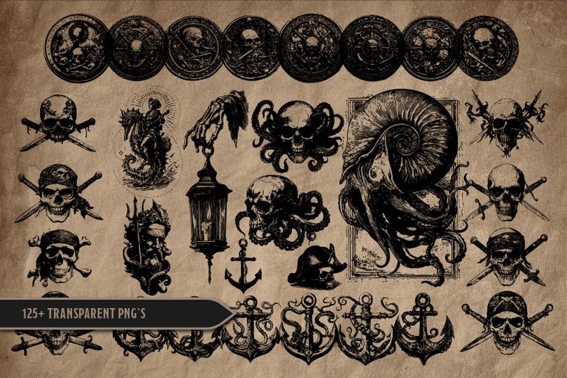 May include: A collection of black and white pirate-themed illustrations on a tan background. The images include skulls, coins, anchors, and a large nautilus shell. Text at the bottom reads "125+ TRANSPARENT PNG'S".