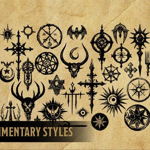 May include: A collection of 28 black and white illustrations of various symbols, including stars, crosses, moons, and other geometric shapes. The symbols are drawn in a gothic style and are set against a brown background. "COMPLIMENTARY STYLES" is written in black text at the bottom of the image.