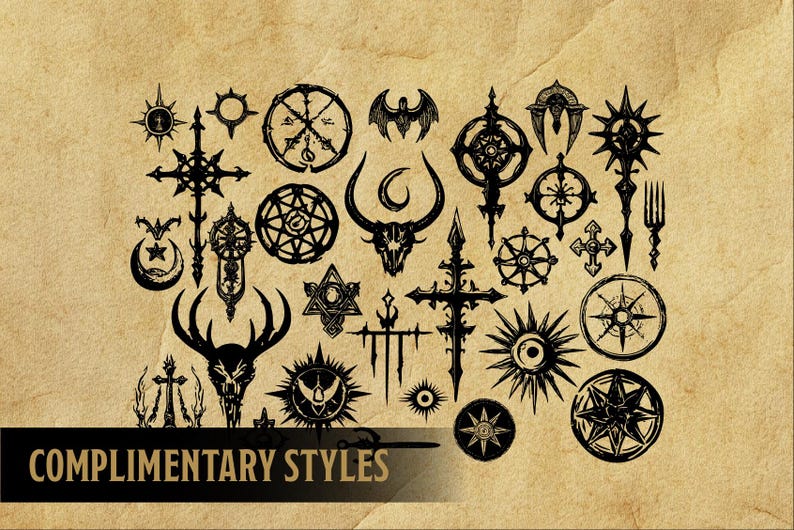 May include: A collection of 28 black and white illustrations of various symbols, including stars, crosses, moons, and other geometric shapes. The symbols are drawn in a gothic style and are set against a brown background. "COMPLIMENTARY STYLES" is written in black text at the bottom of the image.