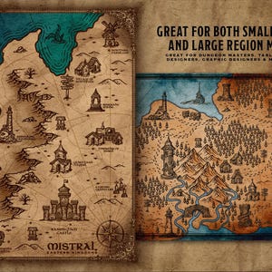 May include: Two fantasy maps with a vintage aesthetic. The maps feature detailed illustrations of castles, windmills, and coastlines, with the text "MISTRAL EASTERN KINGDOMS" at the bottom. The text "GREAT FOR BOTH SMALL AREA AND LARGE REGION MAPS" is also visible.