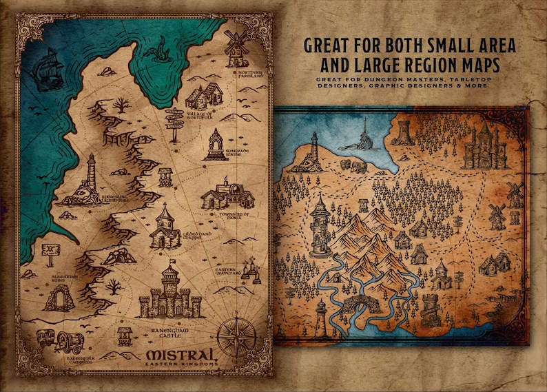 May include: Two fantasy maps with a vintage aesthetic. The maps feature detailed illustrations of castles, windmills, and coastlines, with the text "MISTRAL EASTERN KINGDOMS" at the bottom. The text "GREAT FOR BOTH SMALL AREA AND LARGE REGION MAPS" is also visible.