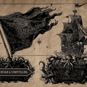 May include: A detailed black and white illustration featuring a pirate theme. A large flag waves in the wind, a ship sails on the sea, and a treasure chest is surrounded by tentacles. The text "ENHANCE YOUR DESIGN & STORYTELLING" is included.