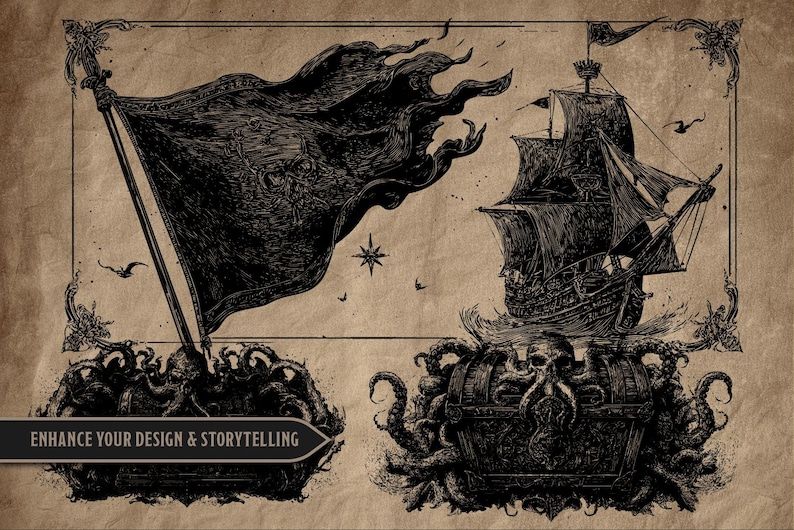 May include: A detailed black and white illustration featuring a pirate theme. A large flag waves in the wind, a ship sails on the sea, and a treasure chest is surrounded by tentacles. The text "ENHANCE YOUR DESIGN & STORYTELLING" is included.