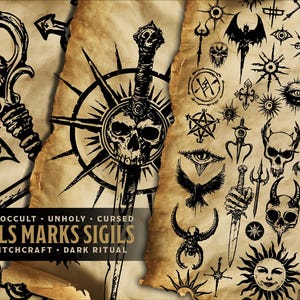 May include: A collection of black and white occult symbols, sigils, and marks on a parchment background. The symbols include a key, a sword, a skull, a pentagram, a cross, an eye, and a bat.