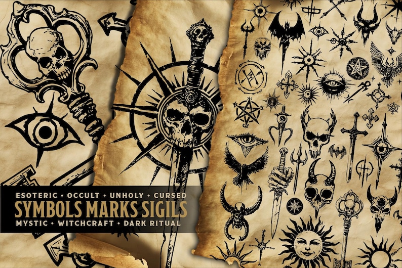May include: A collection of black and white occult symbols, sigils, and marks on a parchment background. The symbols include a key, a sword, a skull, a pentagram, a cross, an eye, and a bat.