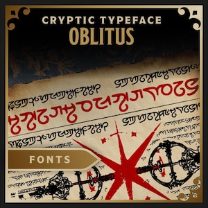 May include: A graphic design featuring the words "CRYPTIC TYPEFACE OBLITUS" in gold lettering. The image showcases a vintage parchment style with red and black stylized fonts and a red starburst design. The word "FONTS" is also displayed.