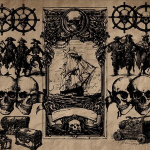 May include: Black and white pirate-themed illustration with skulls, ship wheels, a sailing ship, pirates, treasure chests, and a cannon. The artwork has a vintage, aged paper appearance, creating a classic pirate aesthetic.
