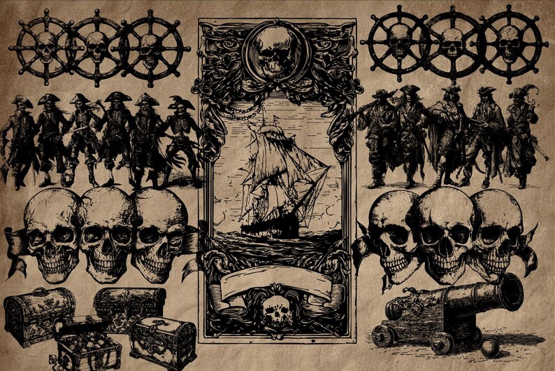 May include: Black and white pirate-themed illustration with skulls, ship wheels, a sailing ship, pirates, treasure chests, and a cannon. The artwork has a vintage, aged paper appearance, creating a classic pirate aesthetic.
