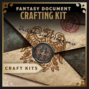 May include: Fantasy document crafting kit with a vintage aesthetic. The kit features a parchment-like envelope with ornate designs, a wax seal with a phoenix emblem, and the text "Fantasy Document Crafting Kit".