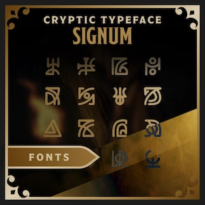 May include: A graphic featuring the words "CRYPTIC TYPEFACE" and "SIGNUM" in gold lettering. Below, a collection of stylized glyphs in gold and dark blue are displayed, with the word "FONTS" in a gold banner.