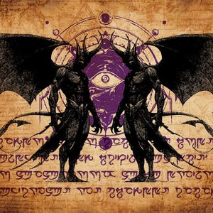 May include: Illustration of two black demonic figures with large wings, horns, and tails, set against a parchment-like background. A purple eye and geometric shapes are centered between the figures. The background features handwritten text.