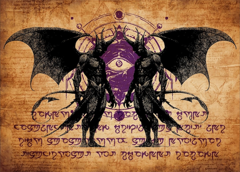 May include: Illustration of two black demonic figures with large wings, horns, and tails, set against a parchment-like background. A purple eye and geometric shapes are centered between the figures. The background features handwritten text.