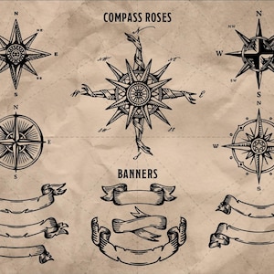 May include: A vintage-style illustration featuring compass roses and banners in black ink on a textured, tan background. The compass roses have intricate designs, and the banners are scrolled. The text "COMPASS ROSES" and "BANNERS" are also visible.