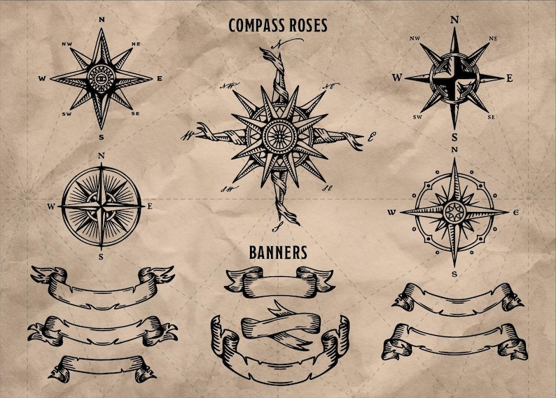 May include: A vintage-style illustration featuring compass roses and banners in black ink on a textured, tan background. The compass roses have intricate designs, and the banners are scrolled. The text "COMPASS ROSES" and "BANNERS" are also visible.