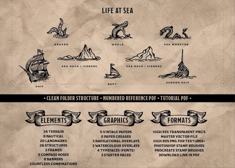 May include: Black and white illustrations of sea creatures and nautical elements, including a ship, whale, and kraken, are displayed on a textured, parchment-like background. The text "LIFE AT SEA" is at the top, with details about elements, graphics, and formats.