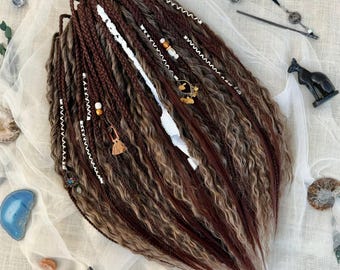 Dreadlock Extensions, 24 inches DE SE Brown Curly Dreads and Burgundy Textured Braids, Double Ended Boho Synthetic Wavy Curls for Girls