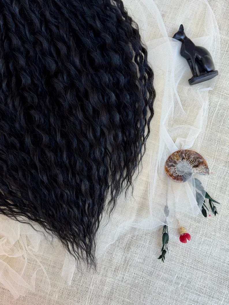 May include: A mass of long, wavy black hair extensions positioned next to a small black cat figurine, a spiral ammonite fossil, and a delicate sprig of dried greenery with a single small red flower bud on a textured off-white fabric background.