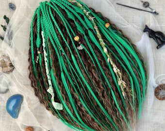 Colorful Dreadlocks, Wavy Dreads and Green Braids, DE 24 Inch Ombre Brown Synthetic Extensions,  Reusable Boho Locks Set