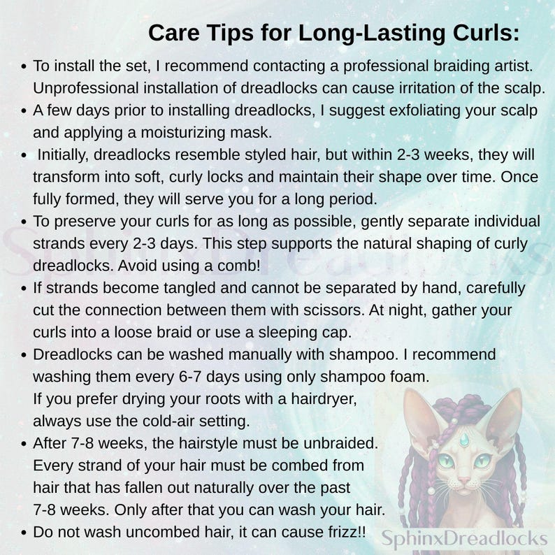 a collection of tips for caring for long-lasting curls, including advice on installing dreadlocks, maintaining them, and washing them. The image does not contain any text that is too long or repetitive, and it focuses on providing useful information about caring for long-lasting curls.