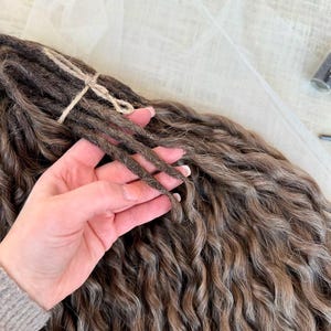 May include: A bundle of brown wavy dreadlocks tied together with a thin piece of twine. The hair extensions feature a multi-tonal brown color palette with lighter highlights throughout the wavy texture, creating a voluminous and layered appearance.