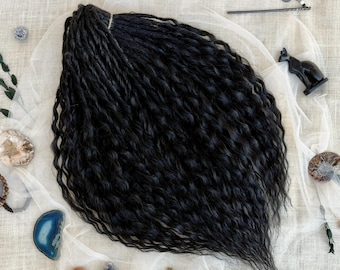 Dreads Gift Set, Black Curly Dreadlock Extensions, 24 Inches Single Double Ended Crochet DE SE Synthetic Wavy Locks, Boho Festival Hair