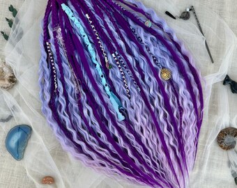 Colorful Dreadlocks, Lilac Ombre Dread Extensions and Violet Textured Braids, 24 inches Synthetic Curls, Reusable Purple Locks