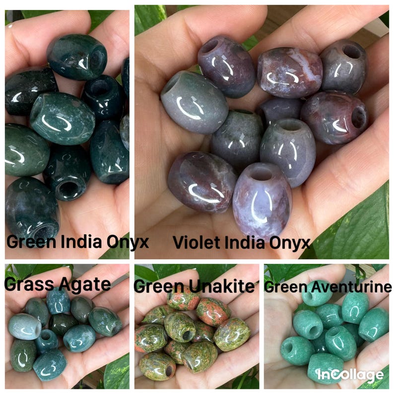 May include: A collection of polished gemstone beads in five varieties: dark green India Onyx, violet India Onyx, blue-green Grass Agate, mottled green and pink Unakite, and light green Aventurine. Each bead is oval-shaped with a central hole.