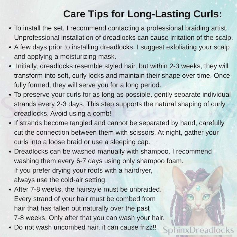 a collection of tips for caring for long-lasting curls, including advice on installing dreadlocks, maintaining them, and washing them. The image does not contain any text that is too long or repetitive, and it focuses on providing useful information about caring for long-lasting curls.