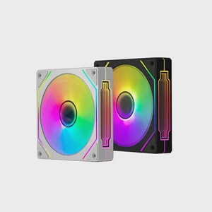 May include: Two computer cooling fans, one black and one silver, with rainbow LED lights. The fans are square shaped and have a grid pattern around the edges.