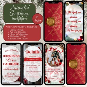 Könnte beinhalten: Ein digitales Weihnachtseinladungsdesign, das auf sechs Smartphones angezeigt wird. Das Design zeigt rote und goldene Akzente, festlichen Text und Familienfotos. Die Einladung enthält Details für eine Weihnachtsfeier.
