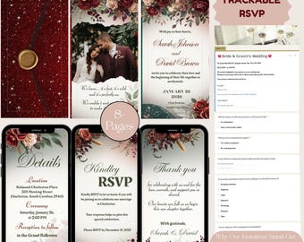 May include: An animated wedding invitation with a burgundy and floral design. The invitation includes details, RSVP information, and a thank you message. The text includes the names Sarah Johnson and David Brown, and the date January 26, 2026.