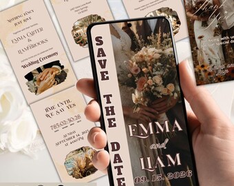 Puede incluir: Un teléfono inteligente muestra una invitación de boda con el texto «Save the Date» y los nombres «Emma y Liam» con la fecha «09.15.2026». Otros artículos de papelería de boda incluyen detalles de ubicación y ceremonia.