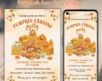 Puede incluir: Invitación a una fiesta de Halloween con calabazas sobre balas de heno. La invitación incluye el texto "Pumpkin Carving Party" y los detalles del evento: fecha, hora, lugar e información de RSVP. El diseño es en tonos naranja y marrón.
