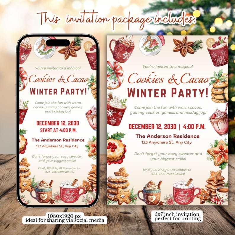 K&ouml;nnte beinhalten: Eine digitale Einladung f&uuml;r eine Cookies & Cacao Winter Party, angezeigt auf einem Smartphone und einer 5x7 Zoll Karte. Das Design zeigt Kakaotassen, Kekse und die Veranstaltungsdetails: 12. Dezember 2030, um 16:00 Uhr. Die Einladung ist ideal f&uuml;r soziale Medien.