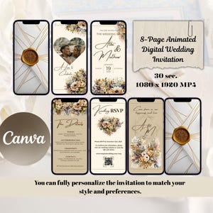 Puede incluir: Una invitación de boda digital animada de 8 páginas que se muestra en teléfonos inteligentes. El diseño presenta arreglos florales, una foto en forma de corazón y el texto "Alba & Mathew" con la fecha de la boda. La invitación dura 30 segundos y es 1080 x 1920 MP4.