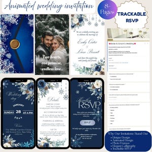 May include: Animated wedding invitation with a navy blue and white floral design. The invitation includes details for the wedding day, RSVP information, and a photo of the couple. The text includes "Two hearts, one promise, endless love."