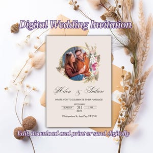 Boho Wedding Invitation with Photo | Editable Rustic Floral Wedding Template | Romantic Custom Invite for Couple