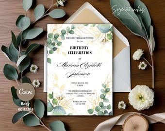 Greenery Birthday Invitation Template: Botanical Gold Leaves, Watercolor Design (Printable & Mobile Invite Set)