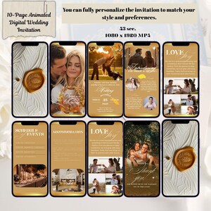 May include: A 10-page animated digital wedding invitation displayed on multiple smartphones. The design features gold and white accents, with photos and text. The invitation includes a schedule of events, accommodation details, and a love story section.