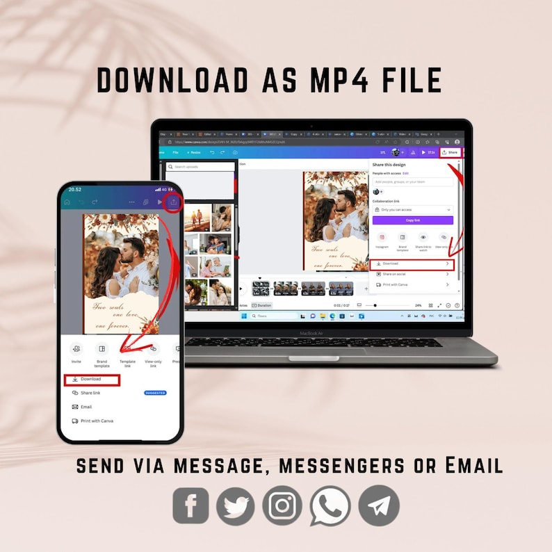 May include: A smartphone and laptop display a wedding invitation design with a couple kissing. The text "Two souls can love, one forever" is visible. The image also includes the text "DOWNLOAD AS MP4 FILE" and social media icons.