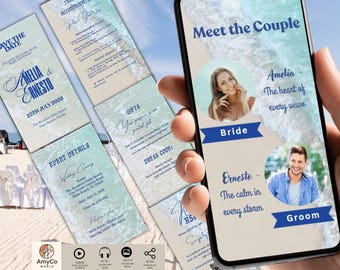 Wedding Video Invitation Template, Coastal Save the Date, Editable Canva Invite, Digital Download