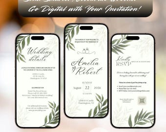 May include: Three smartphones displaying digital wedding invitations. The invitations feature elegant text and botanical leaf accents. The top banner reads "Send Smarter, Celebrate Greener - Go Digital with Your Invitation!"