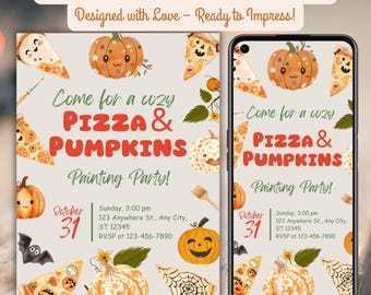 May include: A Halloween party invitation with watercolor illustrations of pumpkins, pizza slices, and bats. The text reads "Come for a cozy PIZZA & PUMPKINS Painting Party!" with the date October 31 and RSVP information.