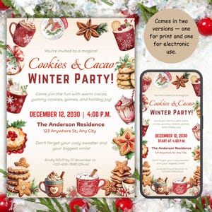 K&ouml;nnte beinhalten: Eine festliche Einladung zur "Cookies & Cacao Winter Party!" mit Aquarellillustrationen von Kakaotassen, Keksen und Gew&uuml;rzen. Die Einladung enth&auml;lt Datum, Uhrzeit und Ort sowie eine Erinnerung zur Anmeldung bis zum 1. November.